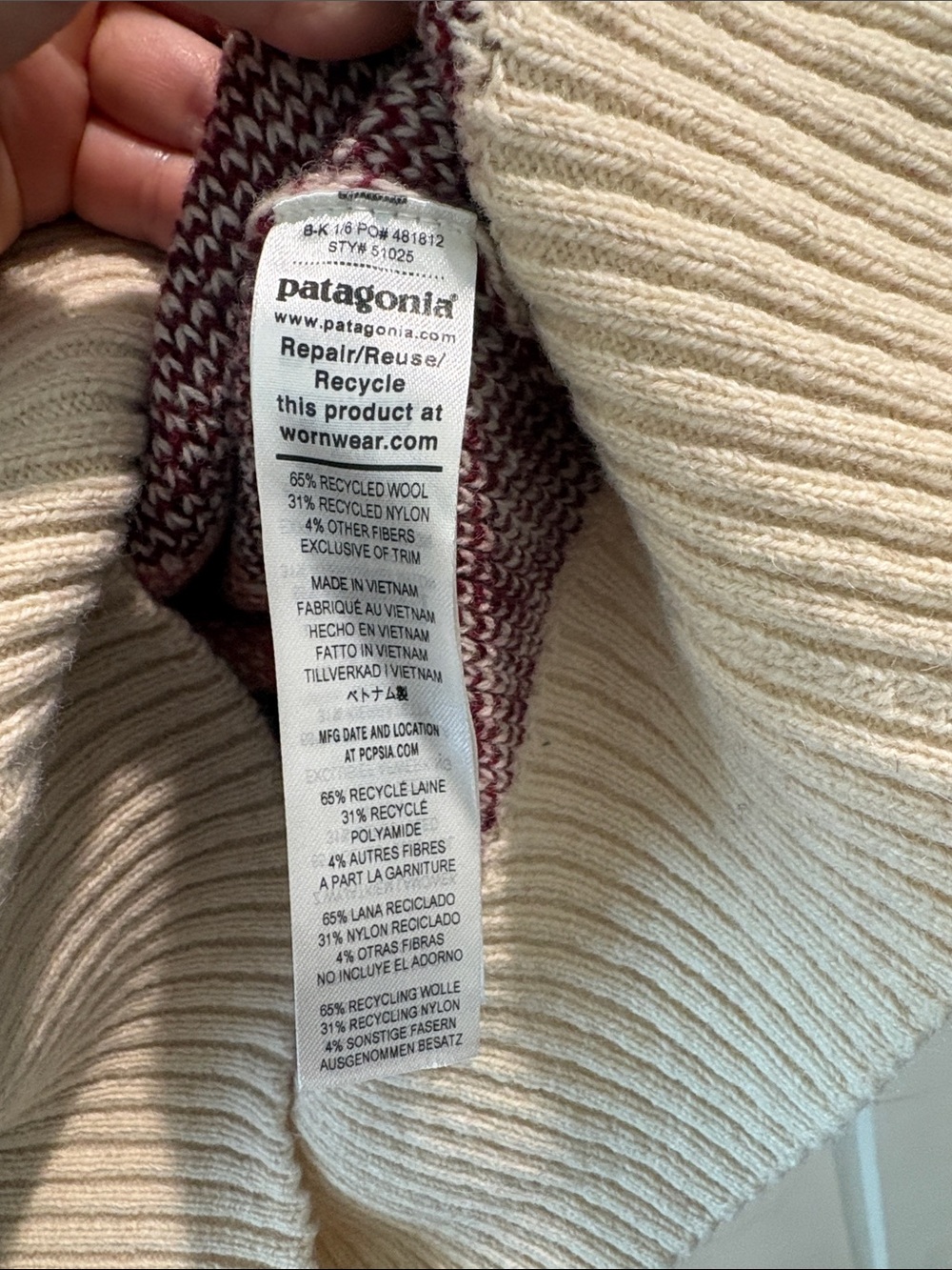 Patagonia Cream Crewneck Sweater with Burgundy, Pink & Orange Fair Isle - Picture 4 of 4